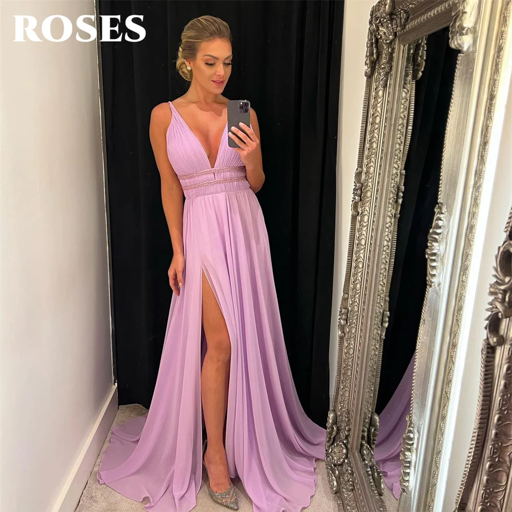 

ROSES Spaghetti Strap Charming Prom Dress Gown Lavender Chiffion Formal Gown V Neck Pleat Evening Gown Split vestidos de noche