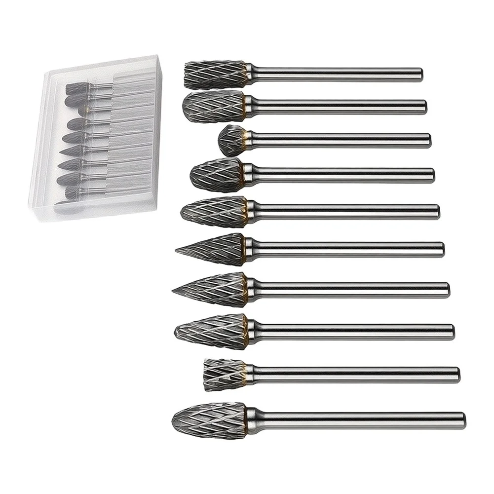 Carbide File Set 10 Pieces 3mm Shank Diameter for Rotary Tool Grinding Applications on Hard Materials Storage Case