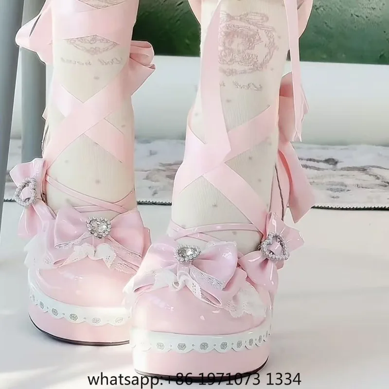 Original Sweet Lolita High Heels Big Size 42 Japanese Style Cosplay Women Leather Shoe Red Rhinestone Street Y2k Shoes Girl Cute