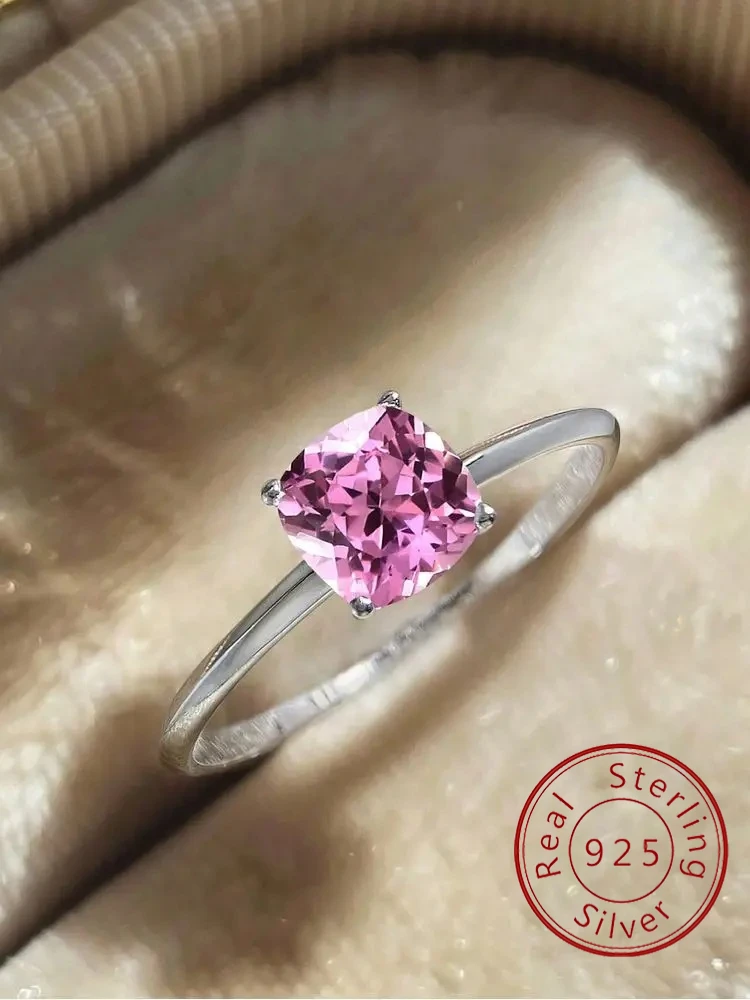 

Простое модное кольцо из стерлингового серебра 925 пробы с розовым квадратным цирконом для женщин, юбилей, свадьба, повседневная одежда, роскошные изящные ювелирные изделия