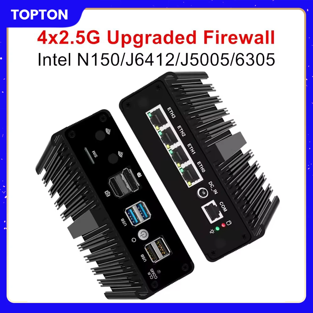 Обновленная версия брандмауэра Intel N150 Intel Celeron J6412 6305 J5005, твердый мини-ПК без вентилятора 4x2,5G, мини-компьютер pfSense OPNsense
