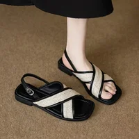 New Minimalist Square Toe Woven Sandals Women Cross Strap Slingback Flats Elegant French Style Summer Shoes Vacation Footwear - Image 2