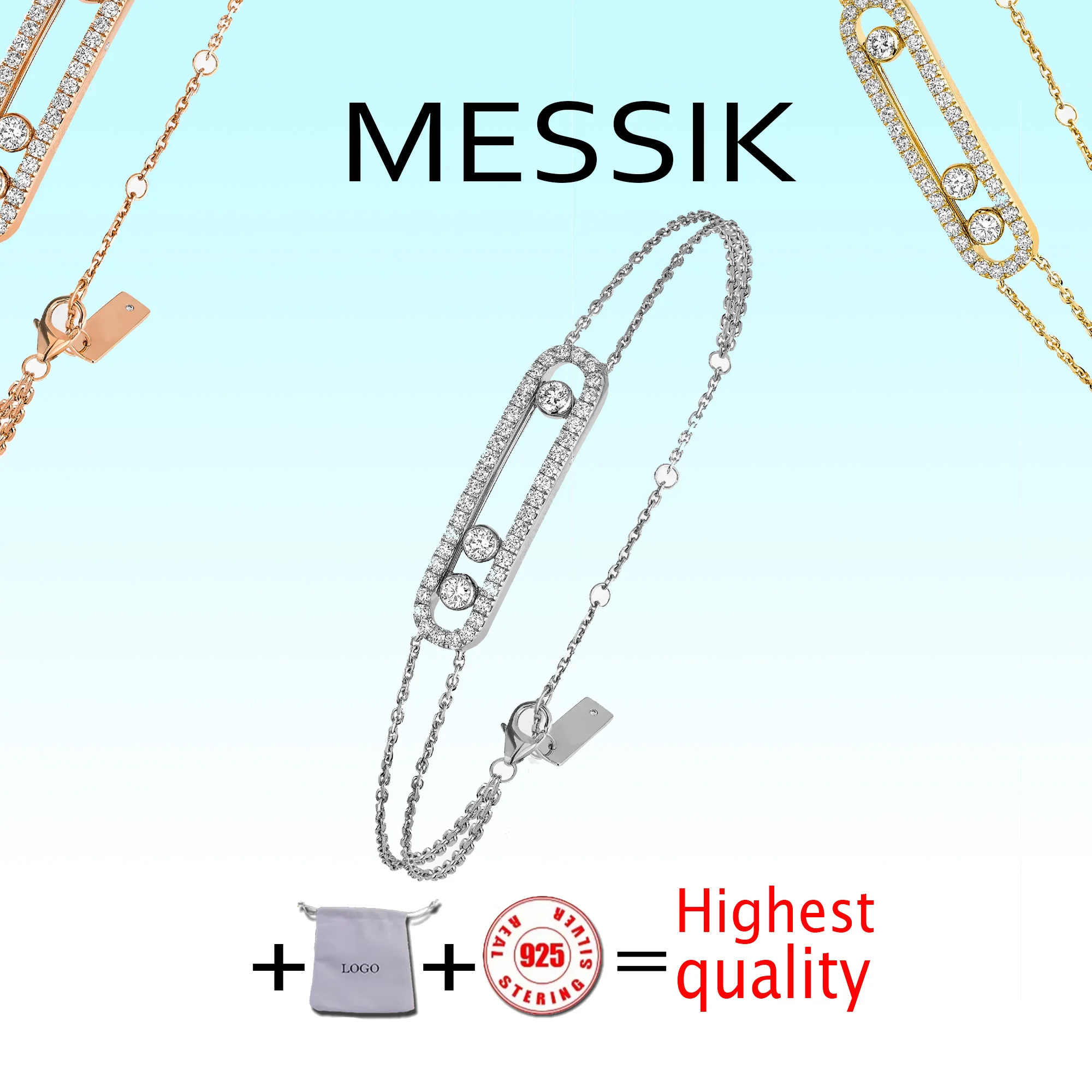 Fashionable Classic Sliding Three Diamond Messik Home Pure Silver s925 Bracelet Move Classique Series Minimally Trendy Bracelet