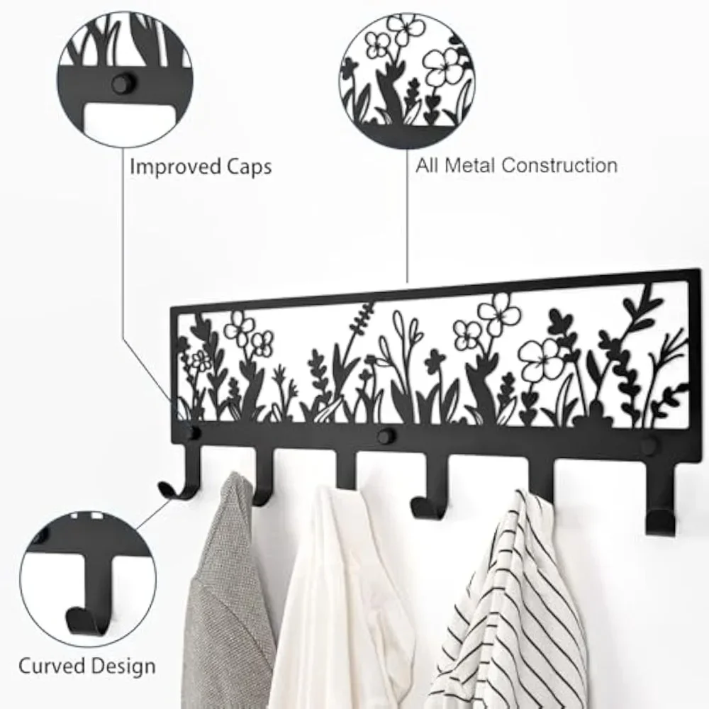 1pc Floral Metal Coat Rack with 6 Hooks, Black Wall Hanger for Hallway Bathroom Kitchen Office