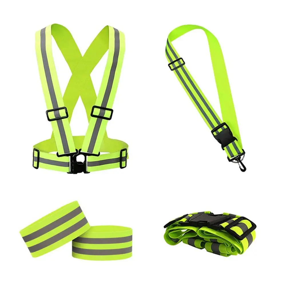 Nylon Night Reflective Waistband Adjustable Arm Strap Green Arm and Leg Straps Legband Visibility Belt for Outdoor Running