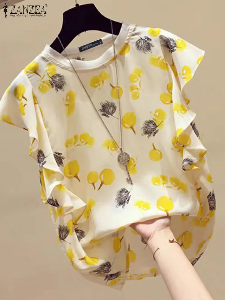 ZANZEA 2024 Summer Flare Sleeve Floral Print Tops Sweety Blouse Women Korean Fashion Round Neck Shirt Holiday Bohemian Chemises