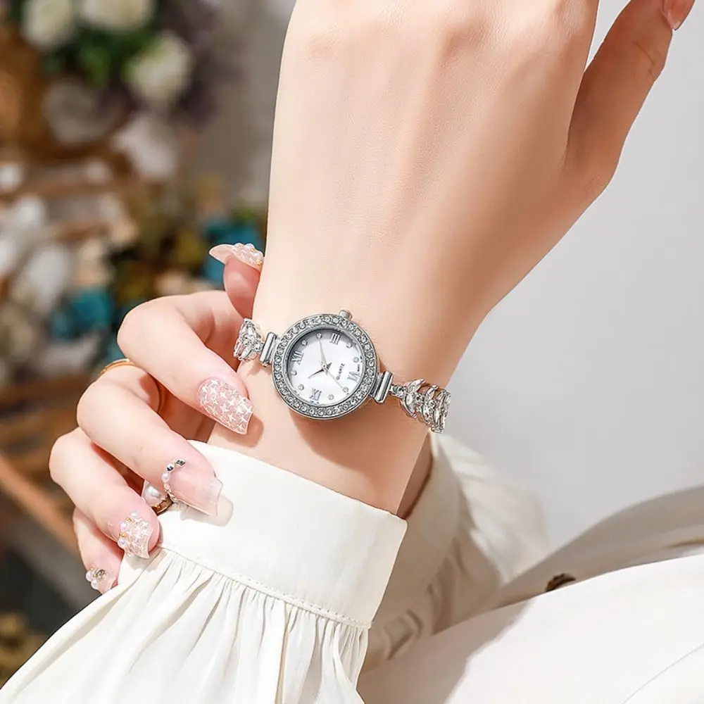 

Slim Strap Ladies Quartz Watch Leaf Design Small Dial Women Quartz Watch Pull Adjustable Round Dial Rhinestone Watch Accessories