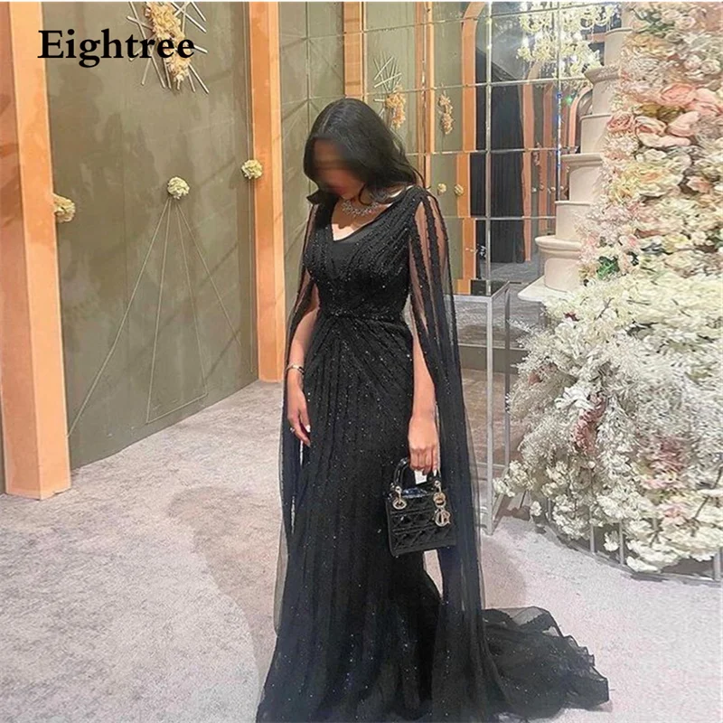 Eightree Black Elegant Mermaid Evening Dresses Long V-Neckline With Cape Sequined Formal Prom Dress Robe De Soiree De Mariage