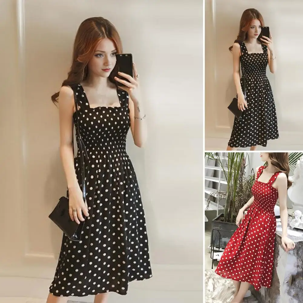 Women Slim Waist Dress Elegant Dot Print Midi Dress for Women Square Neck A-line Pleated Dress with Elastic Bust Big for Dating