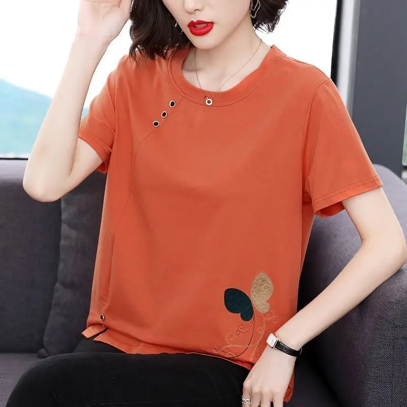 Korean Fashion Summer New Pure Cotton Women\'s O-Neck Embroidered Button Patchwork Casual Loose Short Sleeve T-Shirts Tops