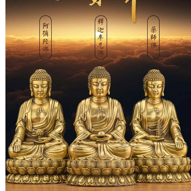 

A Set 3P Asia HOME Temple Shrine GOOD LUCK Safe Buddhism Amitabha Sakyamuni Medicine Buddha SAN BAO FO Bronze statue