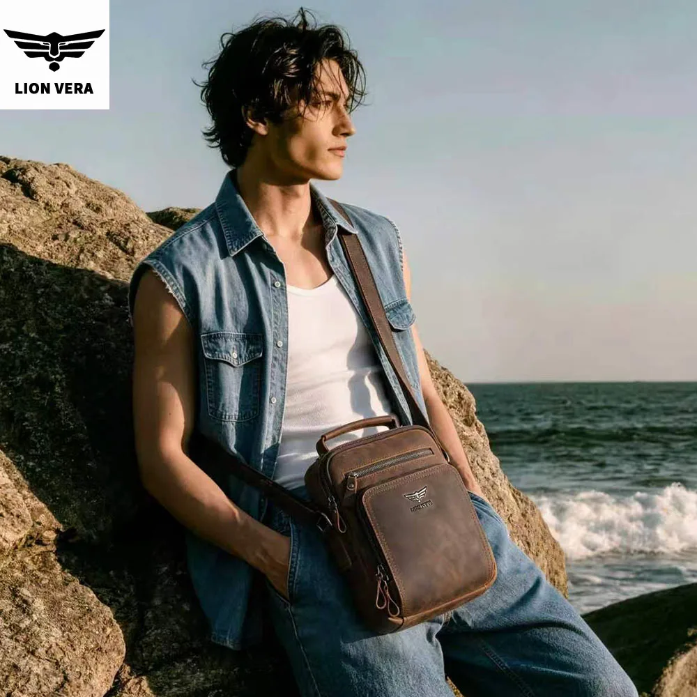 LION VERA Men's Shoulder Bag Crazy Horse Leather Multi layer Large Capacity Crossbody Bag Business Handbag Leisure Messenger Bag view 3