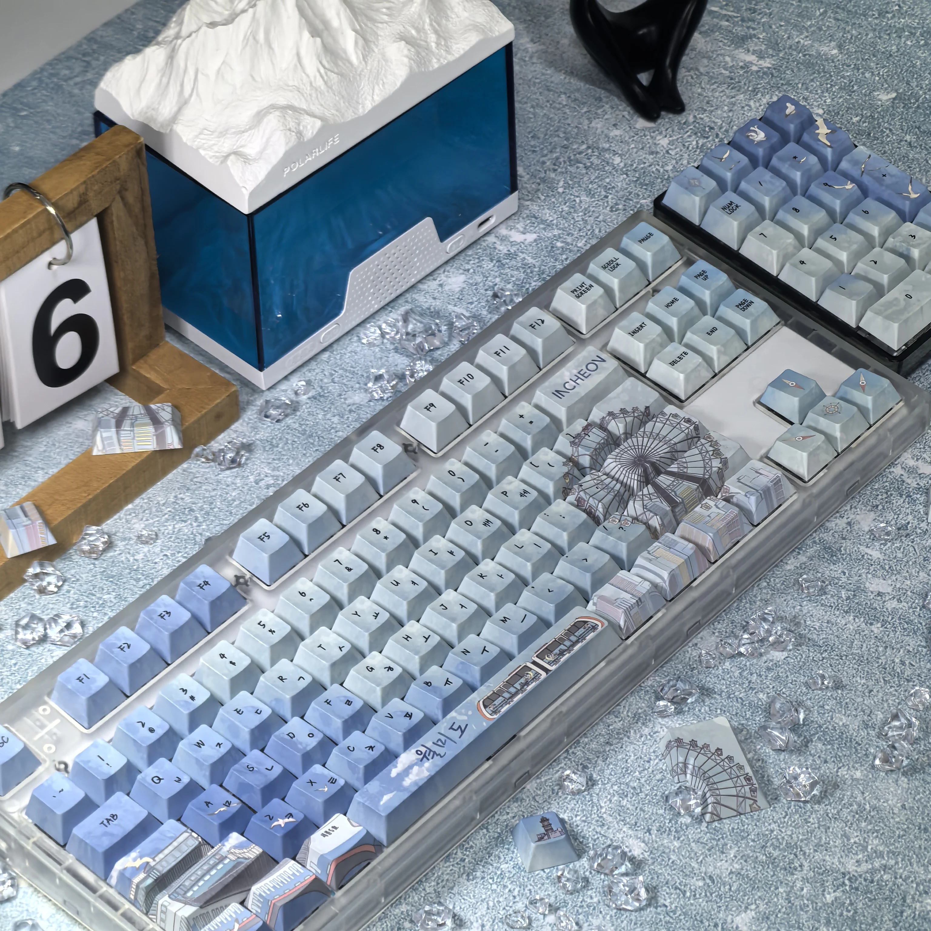 Wolmido Korean Keycaps Blue Turquoise Cherry Pbt Ferris Wheel Sea Train Lighthouse Seagull Hangul Keycap For Mechanical Keyboard