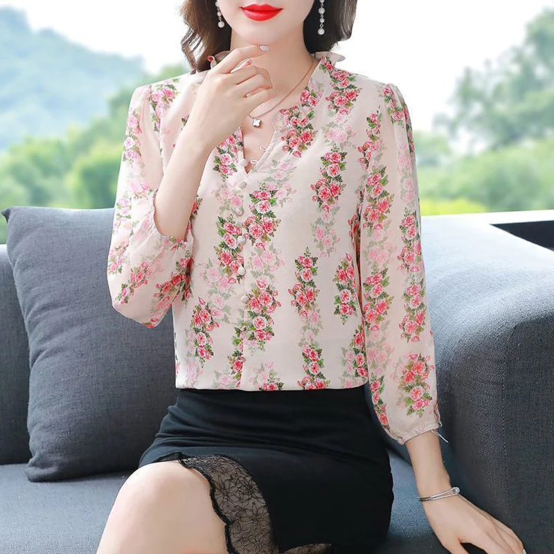 Women Ruffle Floral Print Elegant Blouses Spring Autumn Vintage Long Sleeve Shirts Chic Loose Chiffon Tops Blusa Mujer Moda 2023