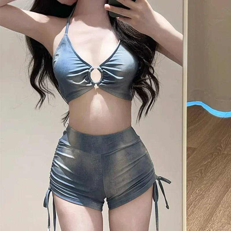 Niebieski, barwiony zestaw bikini, strój kąpielowy damski, termiczny strój na wiosnę, seksowny, czysta pokusa, oddzielny strój do kąpieli z narzutką.