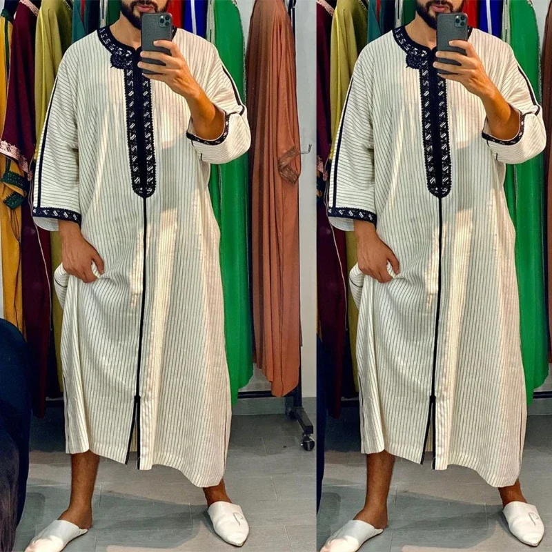 Abaya Islam Men White Muslim Robe Djellaba Homme Fashion Stripe Print Shirts Arabic Dress Ethnic Men's Clothing