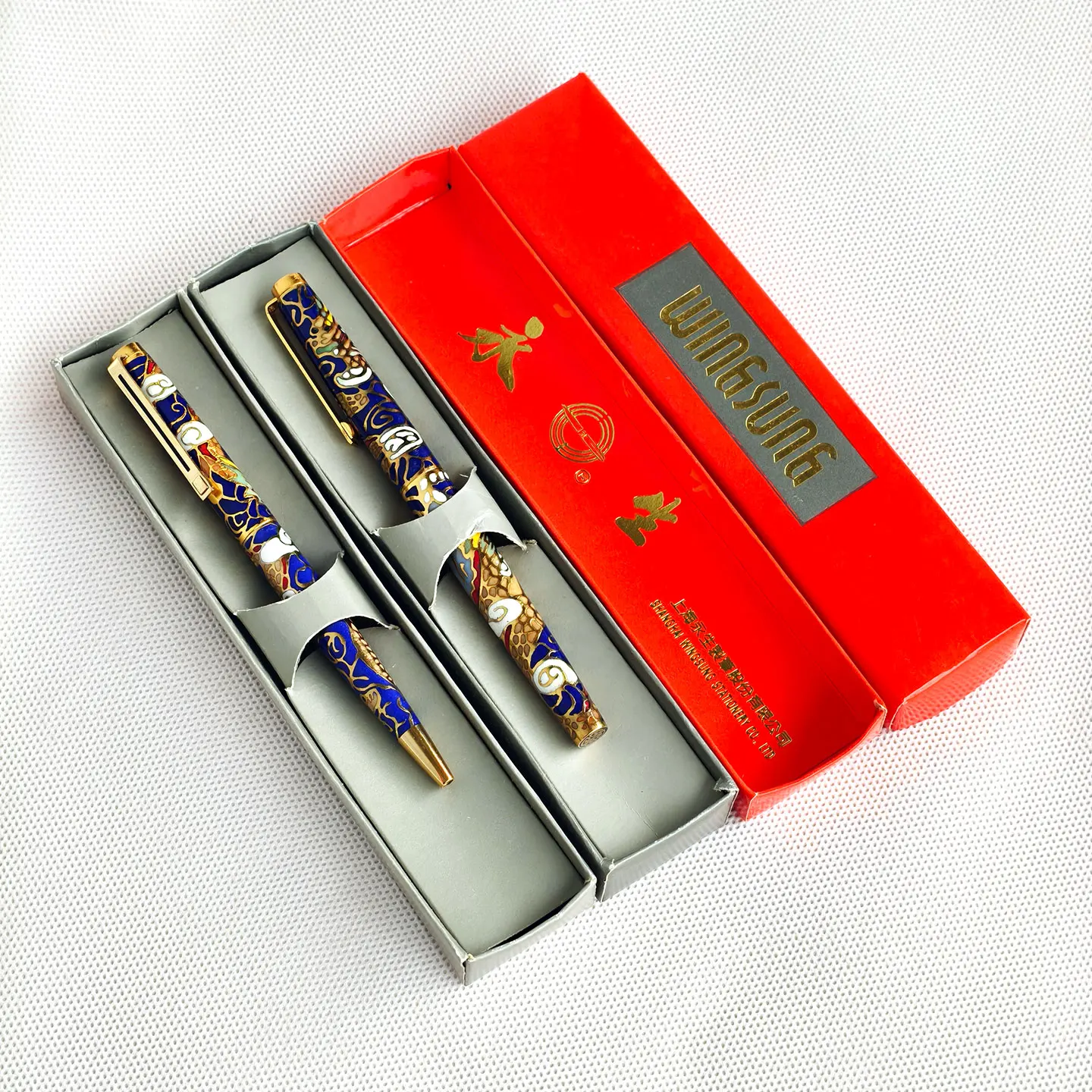 Rare 1990s Yong Sheng 320 Pair Of Pens, Dragon And Phoenix Pattern, Cloisonné Fountain Pen Pointpen