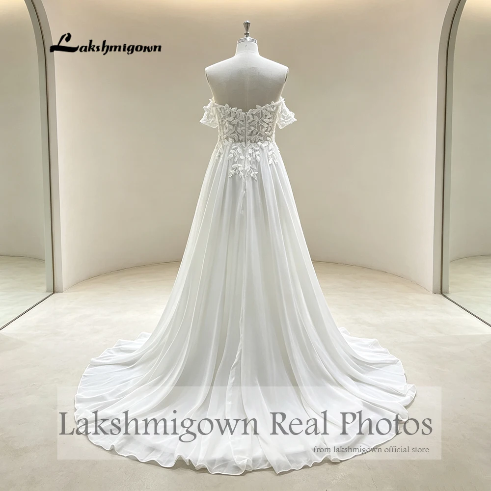 Lakshmigown Boho Brautkleid mit freiem Schulterbereich, Blumenapplikationen, Spitzenoberteil, fließendes Chiffon-A-Linien-Brautkleid, nach Maß gefertigt. – Detail 6