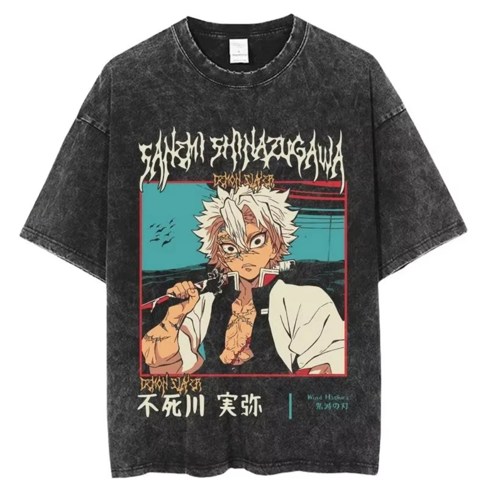Koszulka męska z nadrukiem graficznym anime Demon Slayer z 2026 roku, efekt acid wash, modny styl Y2K, bawełniana, wygodna, z okrągłym dekoltem, unisex.