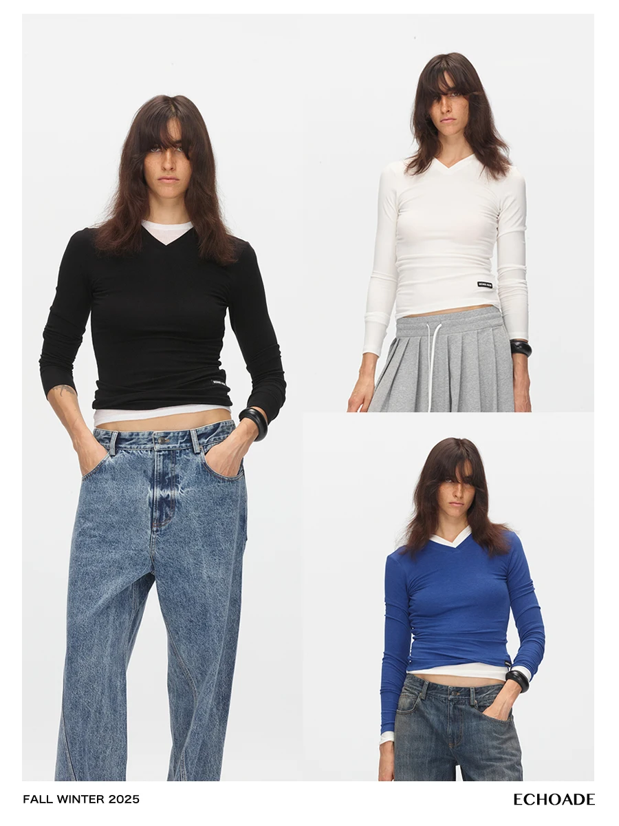 

Ade Classic Sli Silk Wool Blend Long Sve T-irt Soft Comfortable Small V-Ne Design Slim Fit Casual Sle