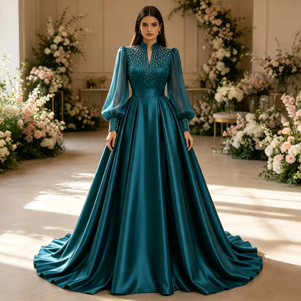 Maßgeschneidertes Exquisites Glitzer-Abendkleid für Hochzeitsbankette, Langarm, A-Linie, Hochwertige Partykleider, Prachtvolles Formelles Kleid