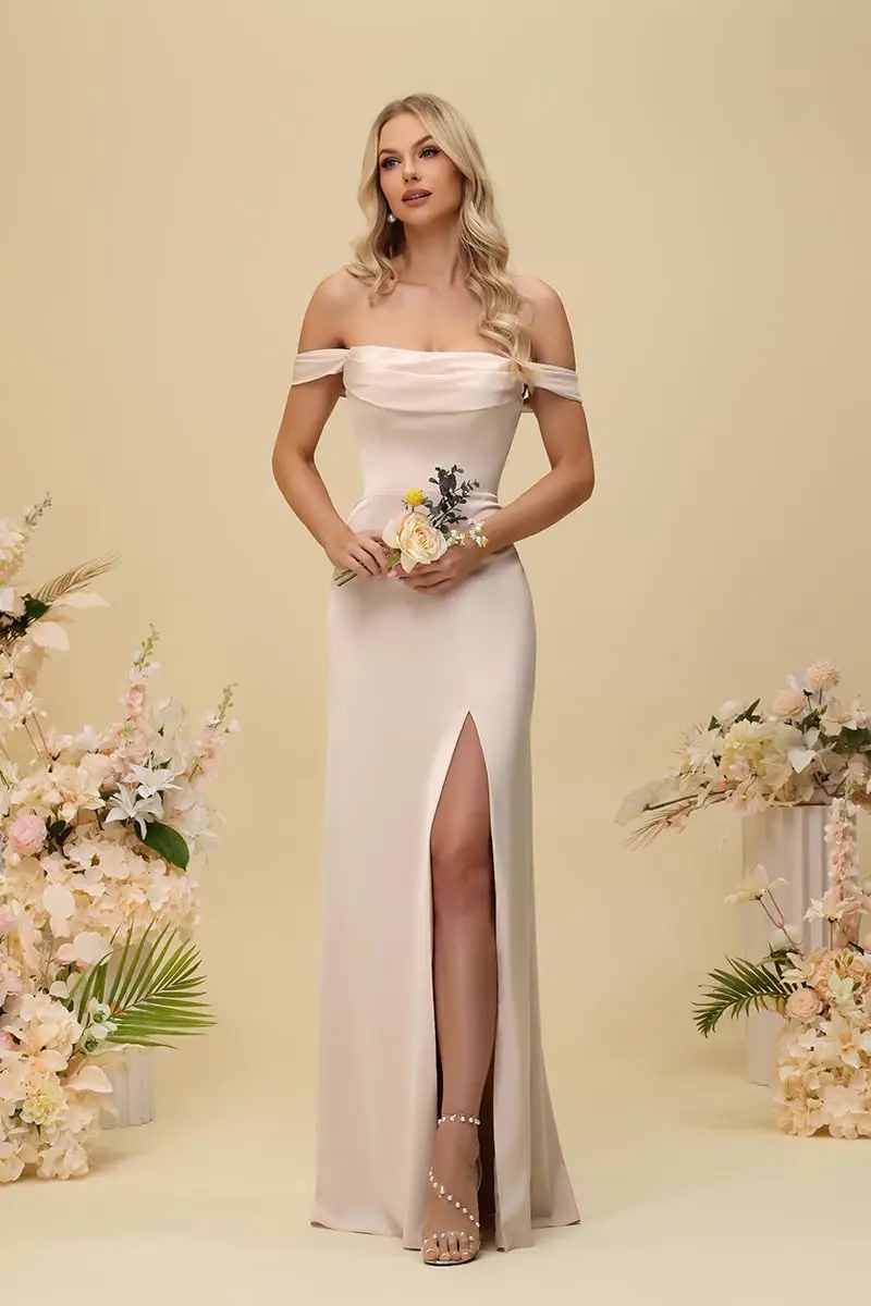 

Off Shoulder Bridesmaid Dresses with Slit Long Pleated Satin Mermaid Formal Evening Dresses for Women