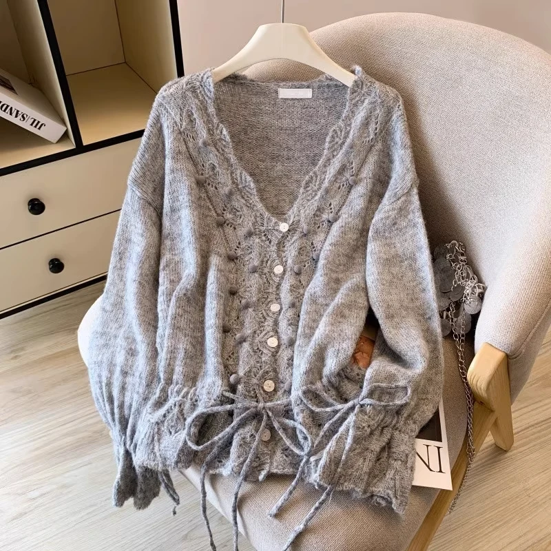 

Мягкий вязаный женский свитер с длинным рукавом и V-образным вырезом, весна-осень, новый стиль, повседневный кардиган с завязками и вырезами, для работы и отдыха