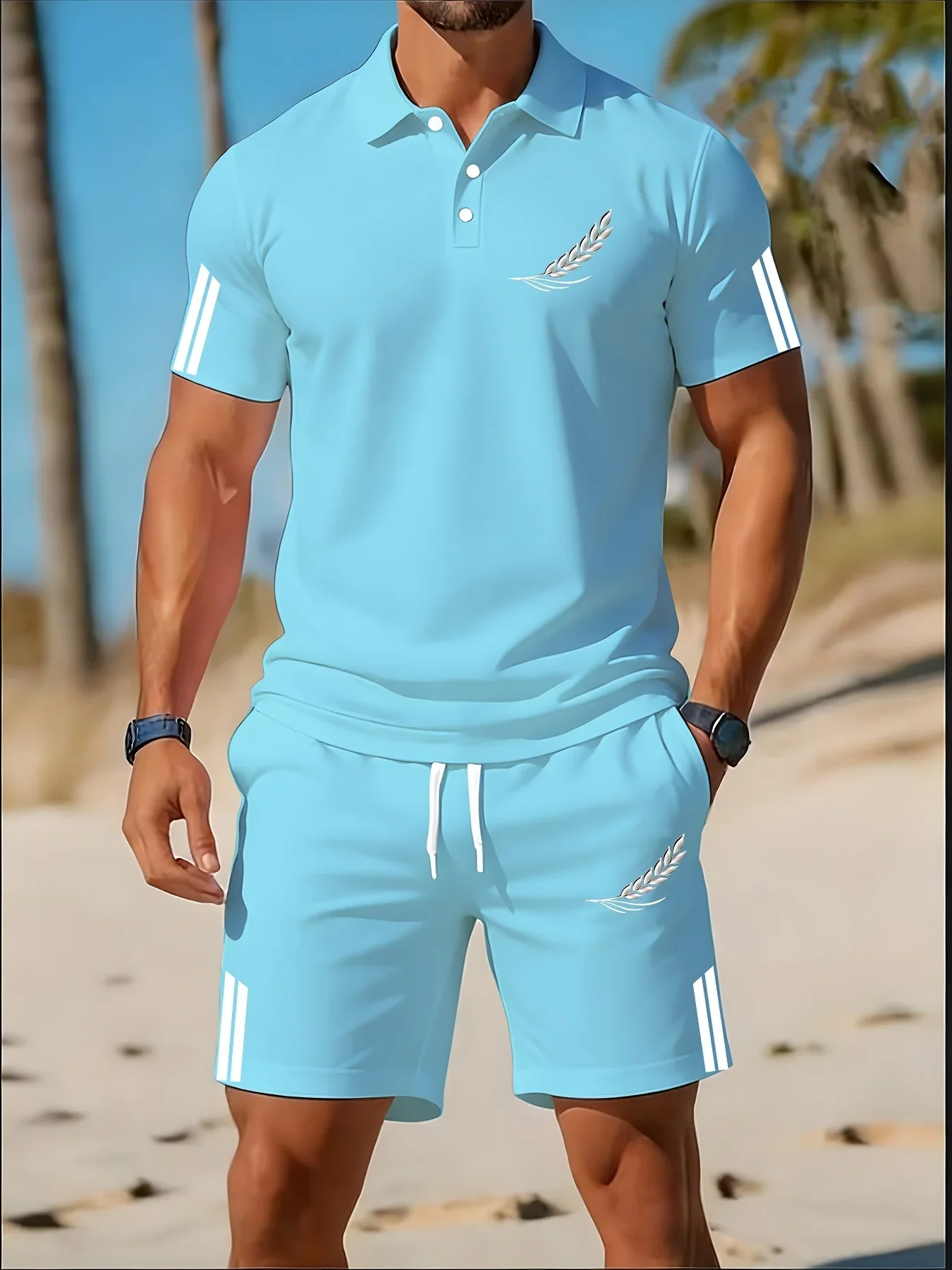 Summer new men's polo shirt set, LOS ANGELES letter print, slim fit breathable solid color short sleeved shorts set for men view 4