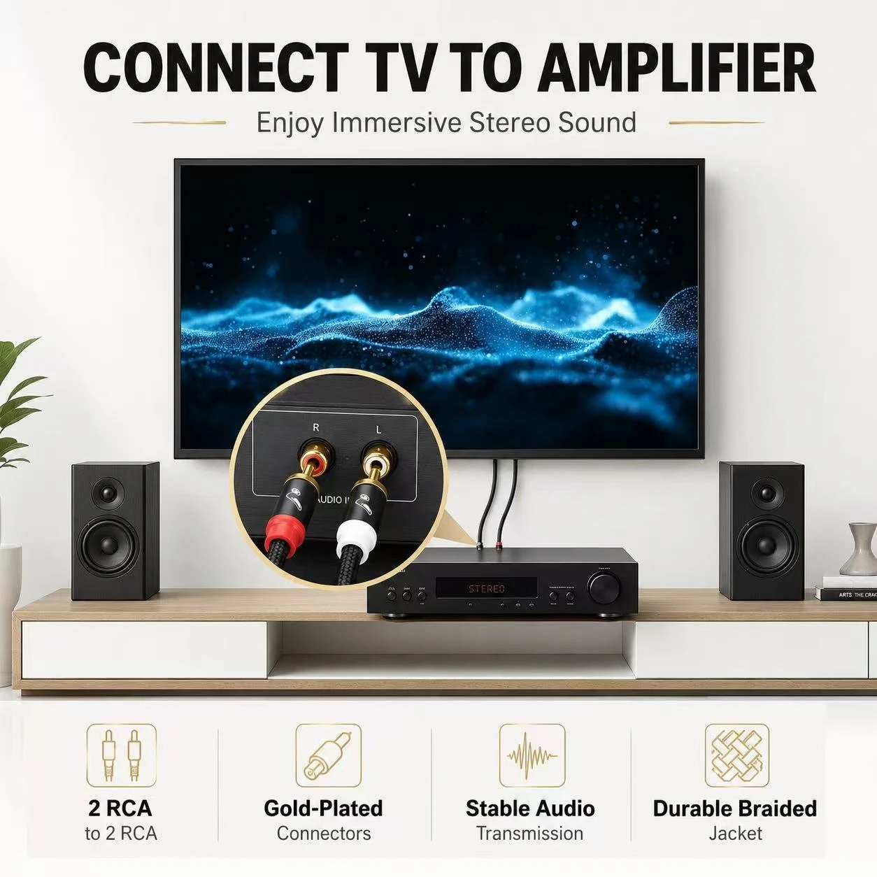 RG 2 RCA zu 2 RCA Audiokabel, Stereo-AV-Kabel (Stecker auf Stecker), vergoldetes HiFi-Kabel für Lautsprecher, Verstärker, Fernseher, DVD-Player – Detail 5