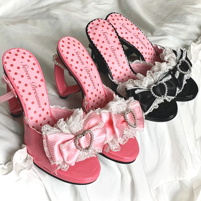 Kawaii Japanese Original Showa Love and Lolita Bow Sandals Spice Girl Sweet Cute Ji Ancient High-heeled Slippers for  Women