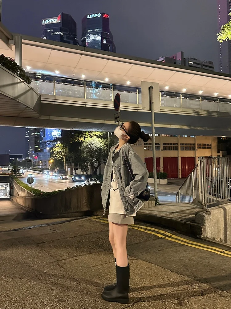 

Bla Bean H Humming Denim Spring Autumn New Sle Retro Waed No Collar Frayed Jeans Jaet Women's Jaet Top Heydle Brand...