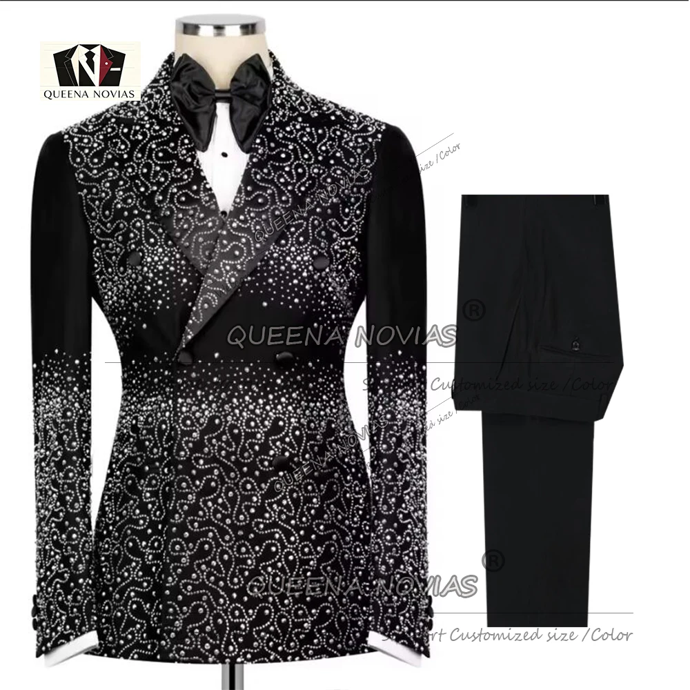 Exclusive Men's Tuxedos Suit Set For Wedding Sparkly Crystals Beaded Prom Blazer Customized Double Breasted Jacket Pants 2 Piece