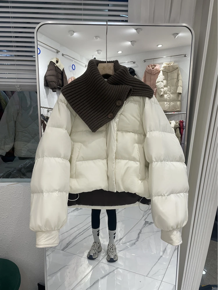 Short Cotton Coat for Women 2024 New Winter Knitted Lapel Splicing Loose Small Thickened Puffer Jacket Casual Parka