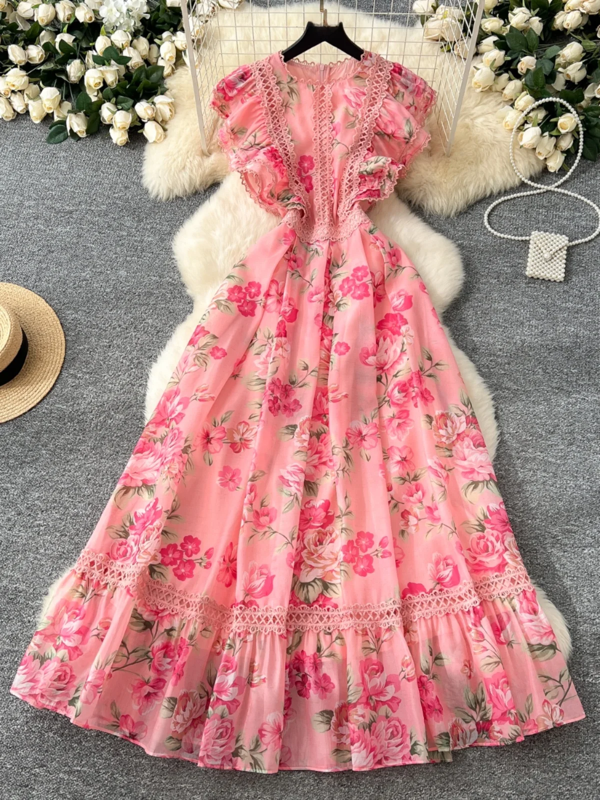 Elegant Lace Print Long Dress Women's High Waist A-Line Skirt Korean Style Commute Spring Season Casual Scene Long Sleeve