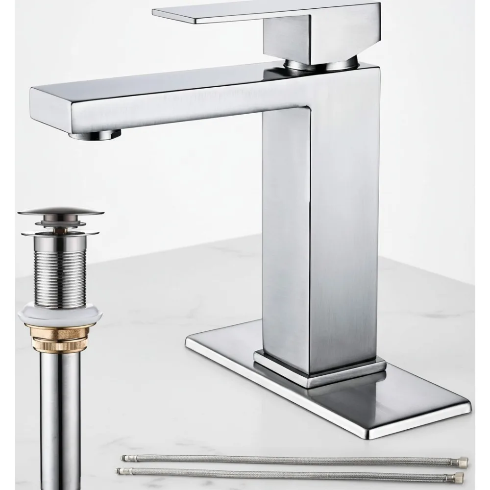 

Modern Single Hole Bathroom Faucet, Brushed Nickel Waterfall Spout with Pop Up Drain & Hoses