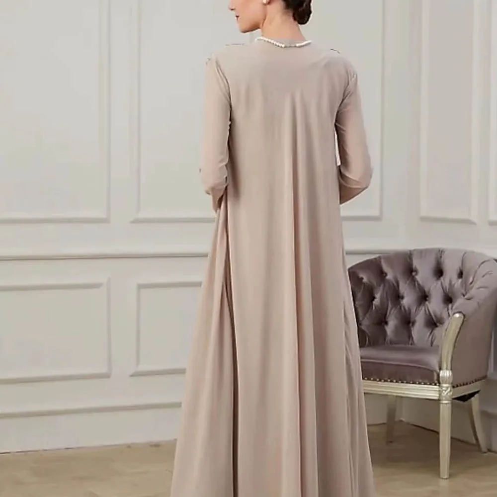 فساتين أم العروس شيفون أنيقة مخصصة مكونة من قطعتين ورقبة على شكل V وطول يصل إلى الأرض وأكمام طويلة مزينة بفساتين حفلات الزفاف #2