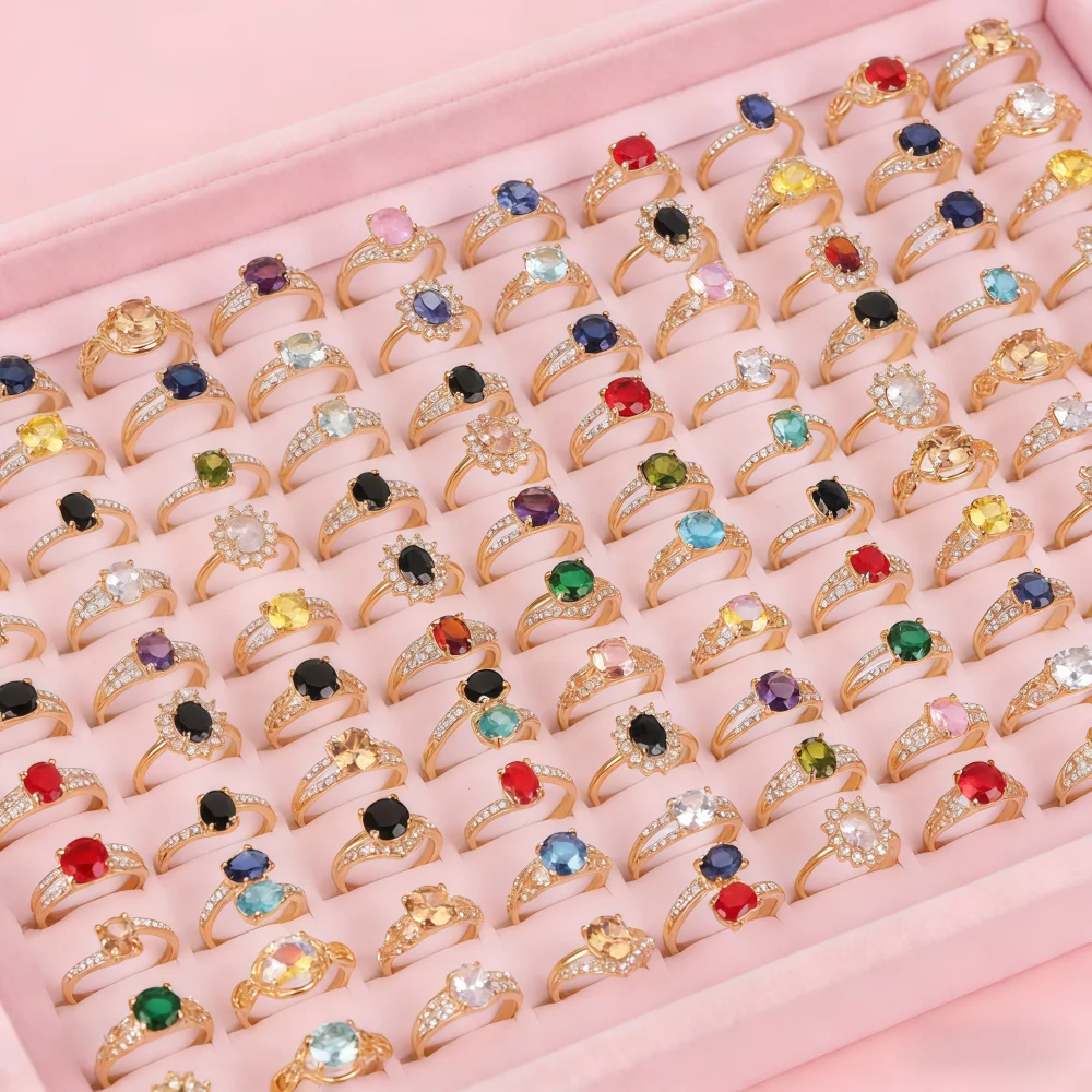 6/8/12/24/36/48/100Pieces Elegant Colorful Cubic Zircon Rings Set For Women Random Style Color Fashion Party Gifts Jewelry