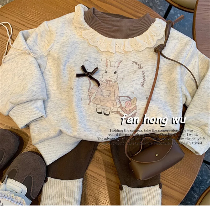 

Girl Suit Brushed Hoody Sweet and Cute2024Autumn and Winter New Autumn and Winter Baby Girl Single-Layer Fleece-Lined Two-Piece