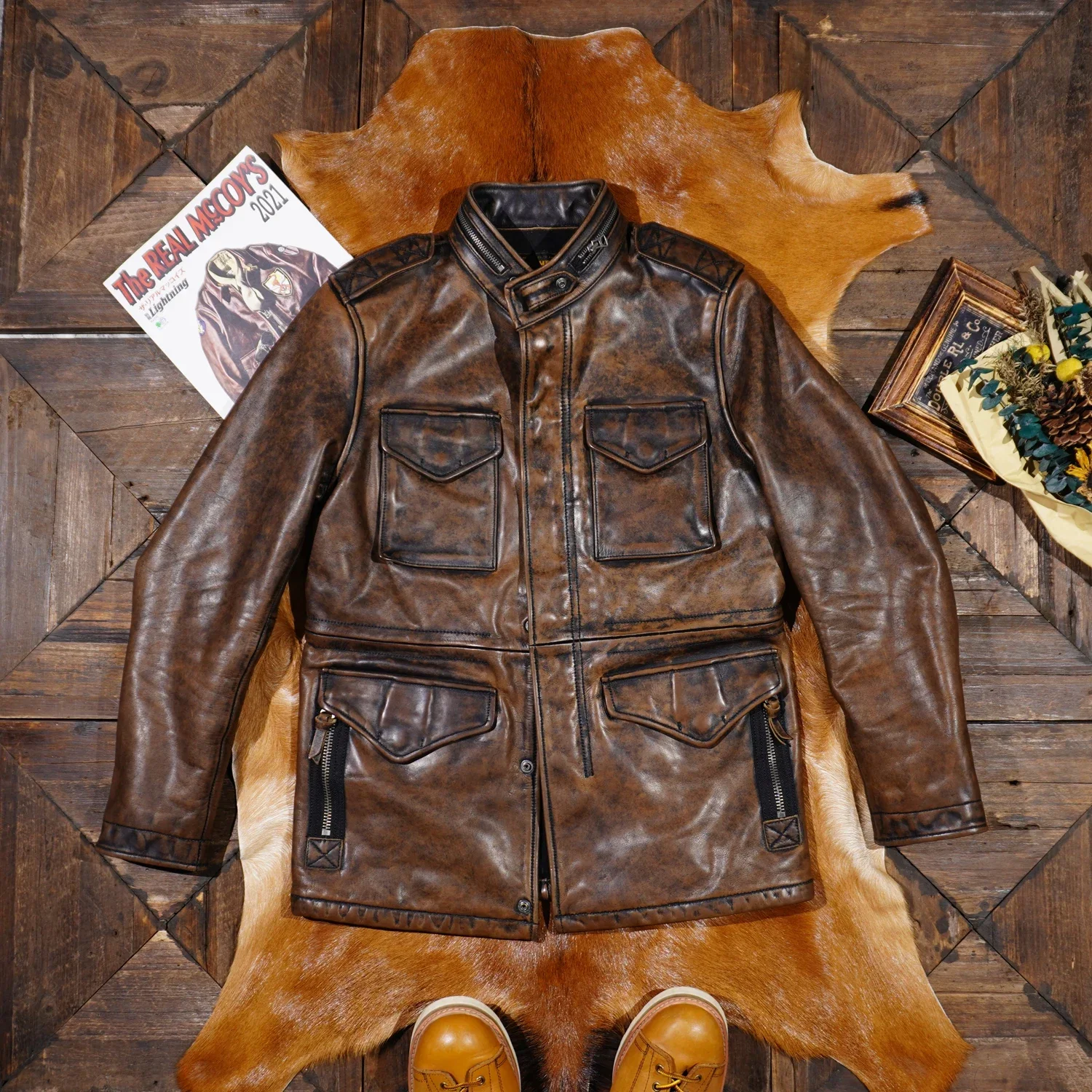 Tailor Brando  Heavyweight 1.5MM Classic M65 Tea Core Vegetable Tanned Cowhide Genuine Leather Jacket