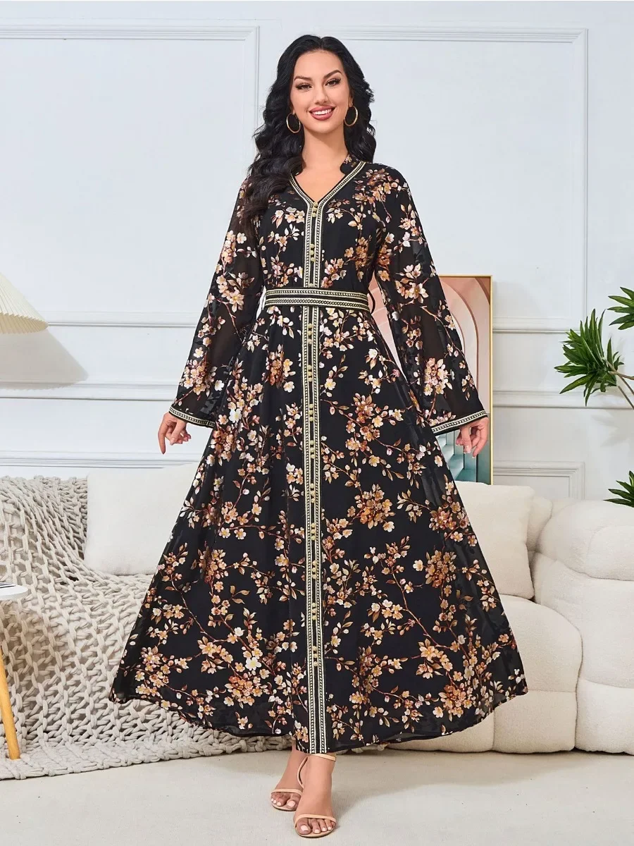 

Eid Muslim Party Dress for Women print lace-up Abaya Jalabiya Long Dresses Morocco Kaftan Vestidos largos Ramadan Gown robe 2024