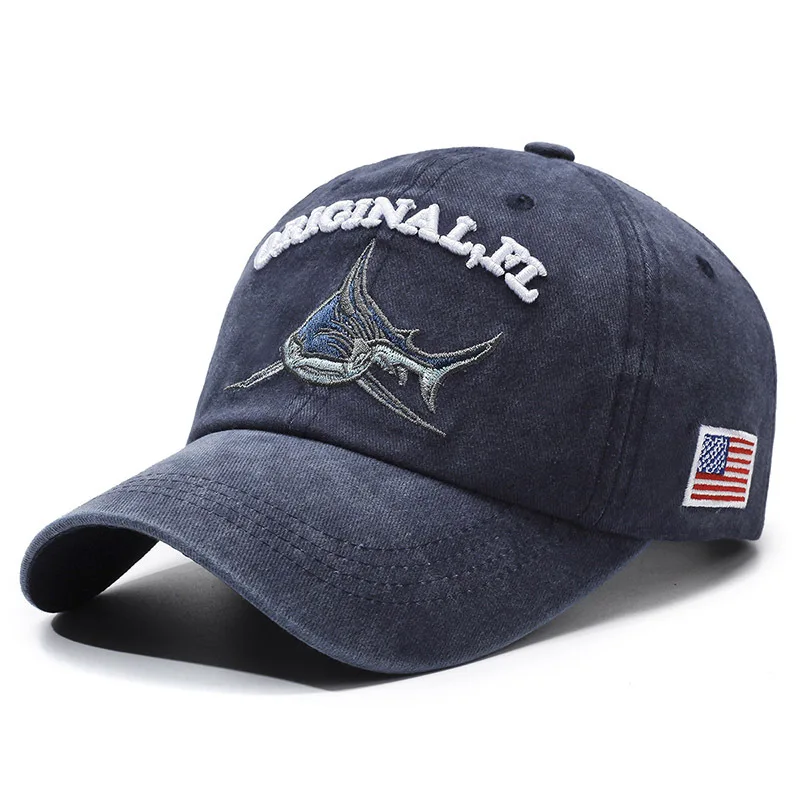 Cotton Embroidery Washed Shark Dad Hat for Men Vintage Baseball Cap Hip Hop Curved Fishing Cap Summer Fish Snapback Women Hat