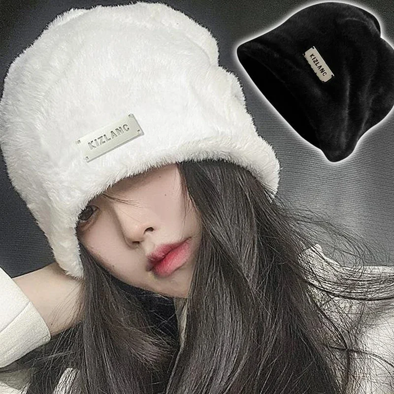 Winter Fake Rabbit Fur Beanie Caps Skullies Warm Hats Autumn and Winter Polyester Plush Metal Label Decoration Loose Stack