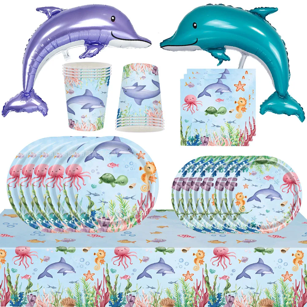 Ocean Animals Theme Disposable Party Tableware Supplies Ocean Dolphin Plates Napkins Cups Dolphin Balloon Birthday Party Decor