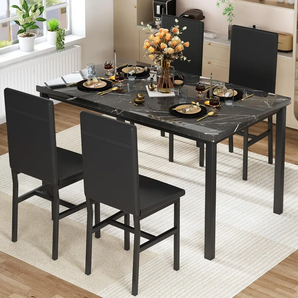 Conjunto de mesa de jantar para 4, conjunto de cadeiras de mesa de cozinha moderna de 4, conjunto de mesa de sala de jantar de mármore falso com 4 cadeiras de couro PU,