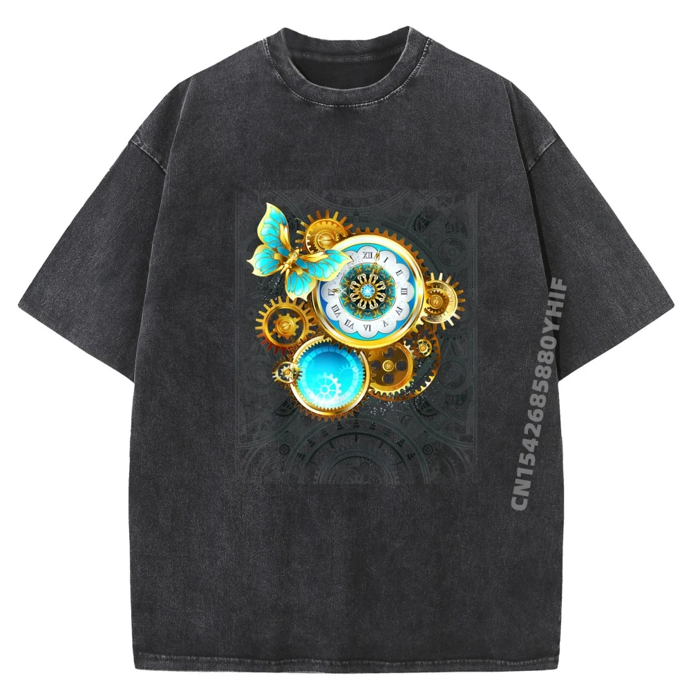 

Футболка в стиле стимпанк с синей бабочкой и часами, мужские уличные мужские топы и футболки, футболка с графическим рисунком, стираная одежда в стиле ретро