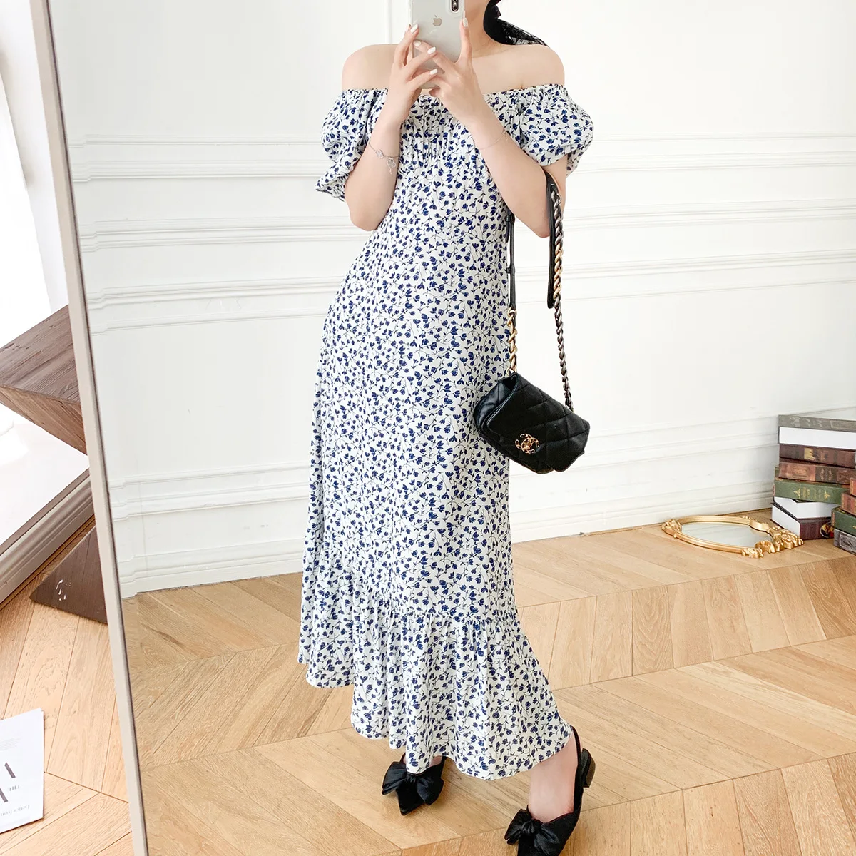 

Printed Square Neck Slim Midi Dress Women's French Lantern Sleeve Split Slim A-line Long Dresses for Ladies 2023 Summer