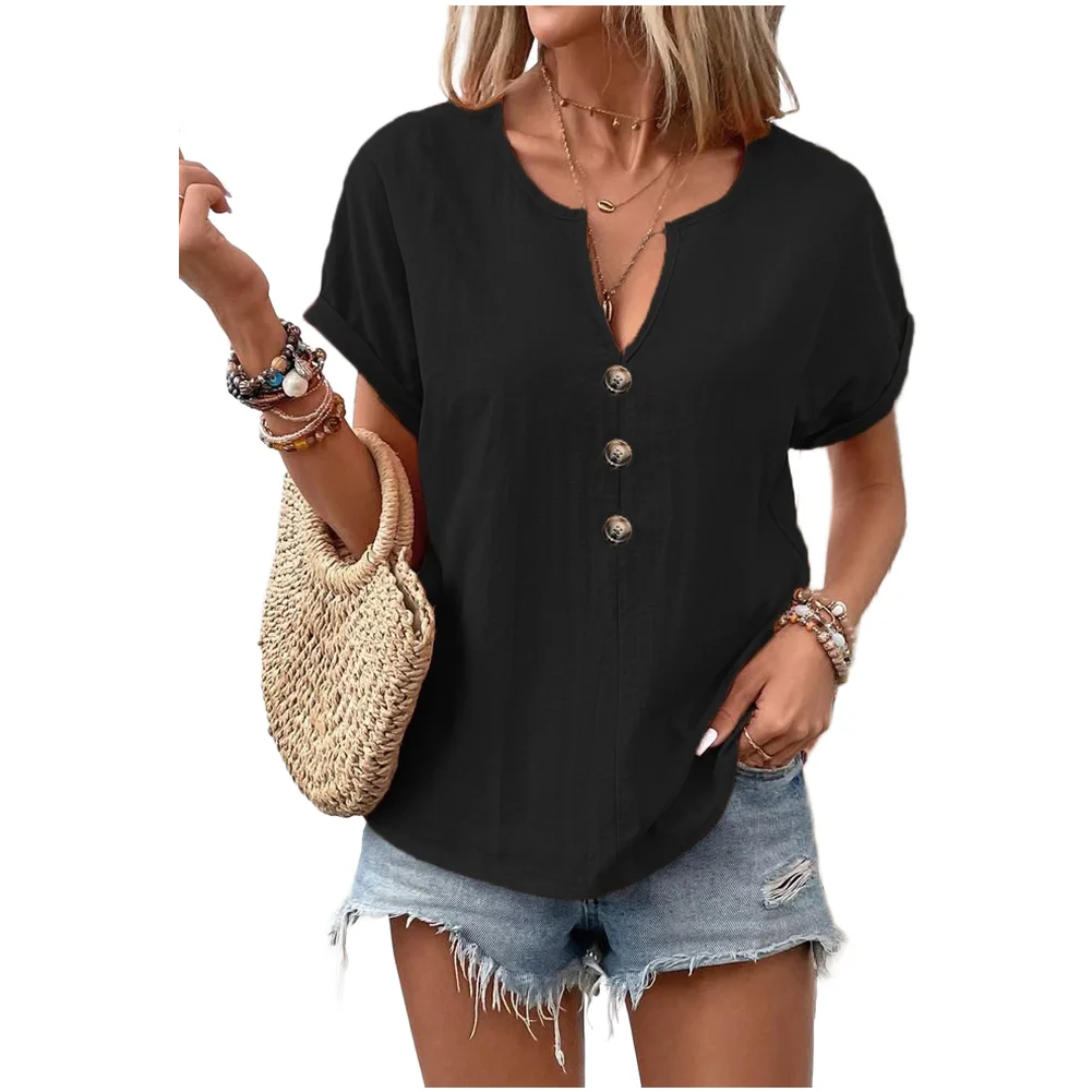 V Neck Batwing Sleeve T Shirt for Women Summer Loose Fit Casual Top with Twist Design Solid Color Short Sleeve Spandex Blouse
