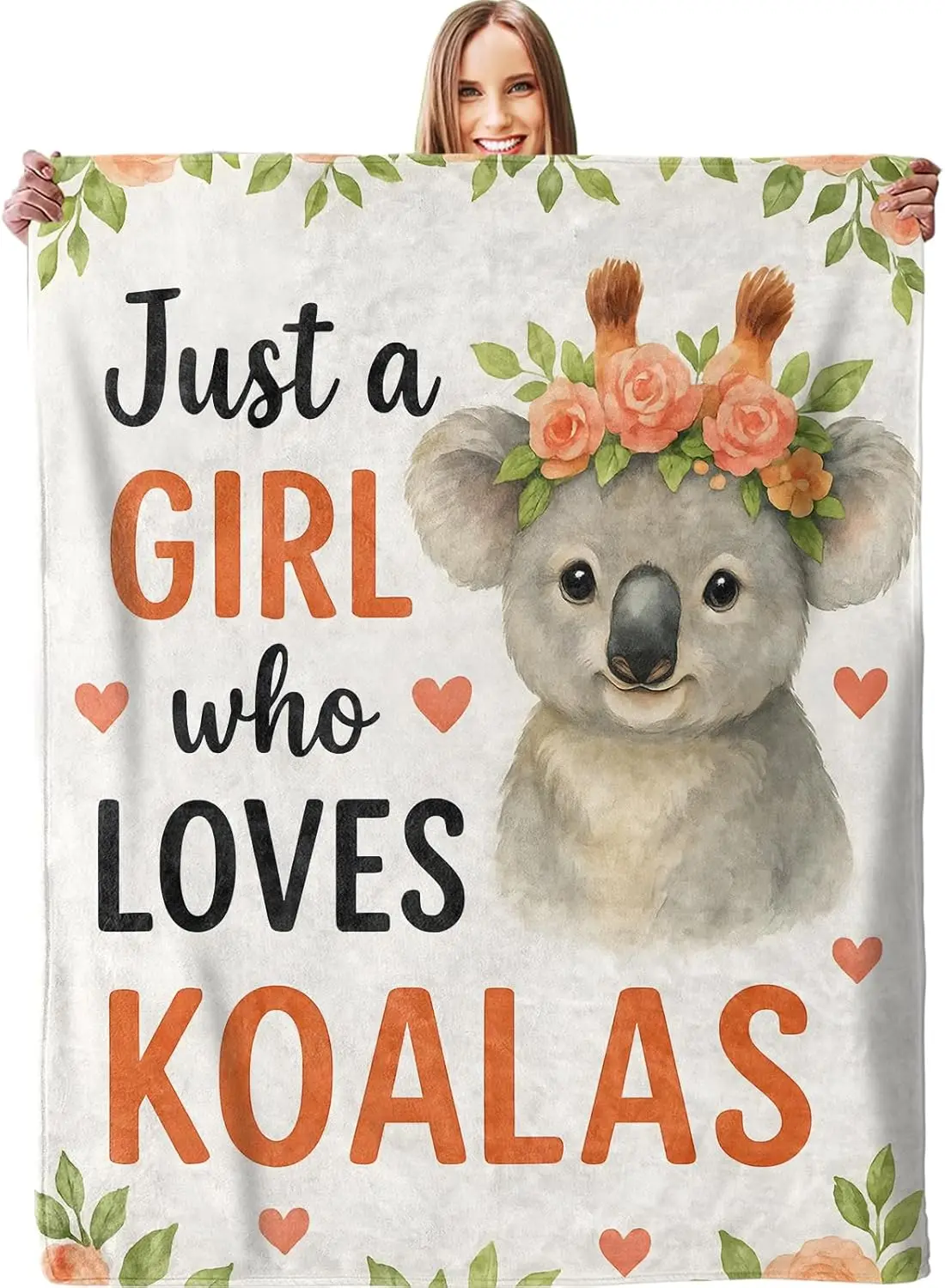 Cute Koala Girl Throw Blanket Floral Autumn Spring Home Decor Cozy Animal Lover Watercolor Nursery Gift
