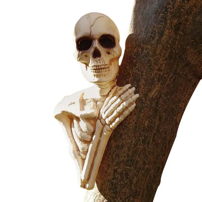 Skeleton Figurines Resin Tree Art Outdoor Skull Sculpture Creepy Halloween Decorations Outdoor Yard Ornaments for Trees Fences