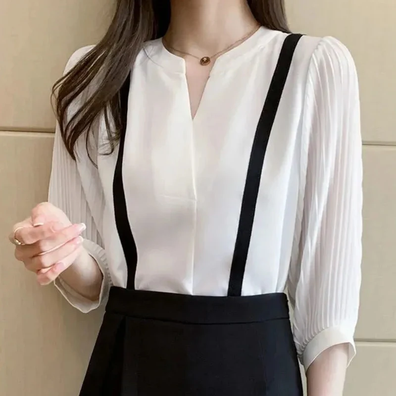 Chiffon V Neck Elegant Blouse Women Casual Korean Fashion Sweet Shirt Summer Patchwork Three Quarter Sleeves Office Lady Tops